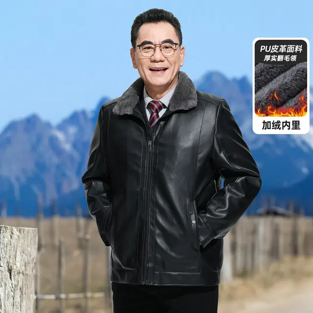老爷车 冬装加绒加厚翻领上衣皮夹克一体毛保暖防风外套皮衣 男款