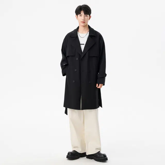 稻草人 美式高街复古简约西装领经典纯色基础百搭舒适宽松休闲时尚高级感单排扣大衣中长款风衣 男女同款