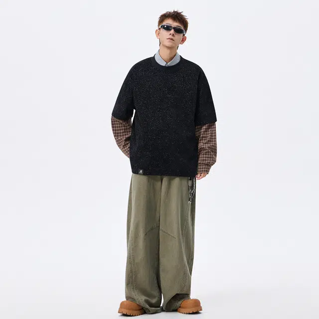 稻草人 美式复古大码假两件格纹撞色银丝斜纹满天星面料拼接设计高街圆领落肩套头秋季卫衣 男女同款