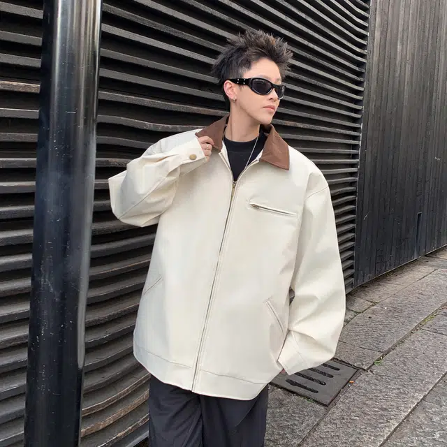 稻草人 纯色翻领百搭宽松休闲夹克外套 男女同款 卡其色