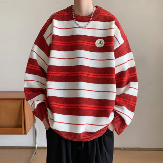 稻草人 学院风韩版慵懒条纹拼接撞色可拆卸别扣徽章宽松休闲内搭针织衫百搭圆领套头落肩袖舒适厚款保暖毛衣 男女同款
