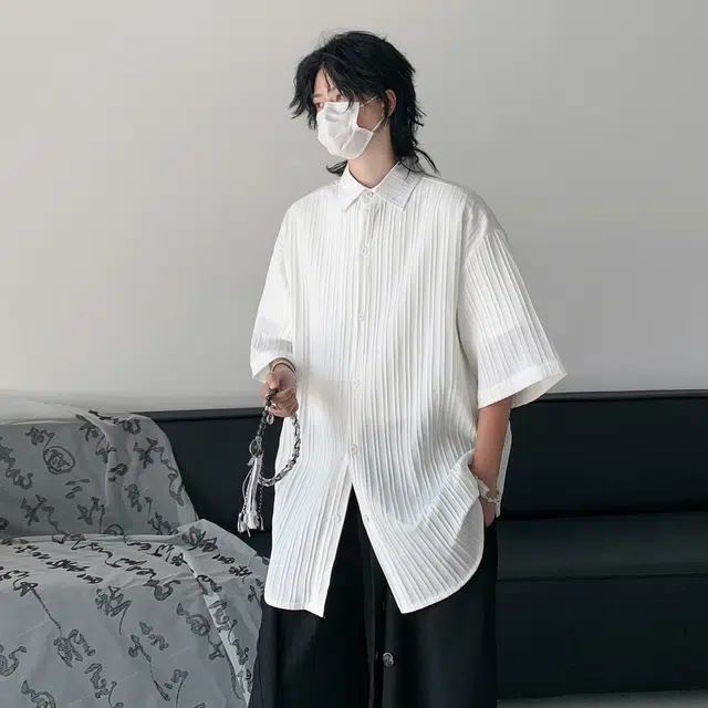 稻草人 美式复古街头基础肌理感无性别主义少年感宽松百搭休闲开衫透气凉感舒适速干户外通勤清新文艺风翻领短袖衬衫 男女同款