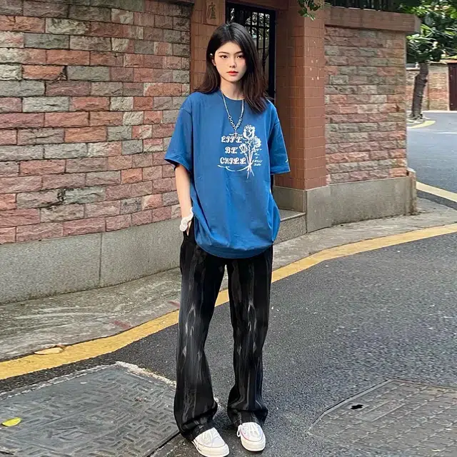 稻草人 高街复古水洗废土做旧扎染渐变花纹休闲显瘦垂感透气宽松系带百搭阔腿直筒牛仔裤 男女同款
