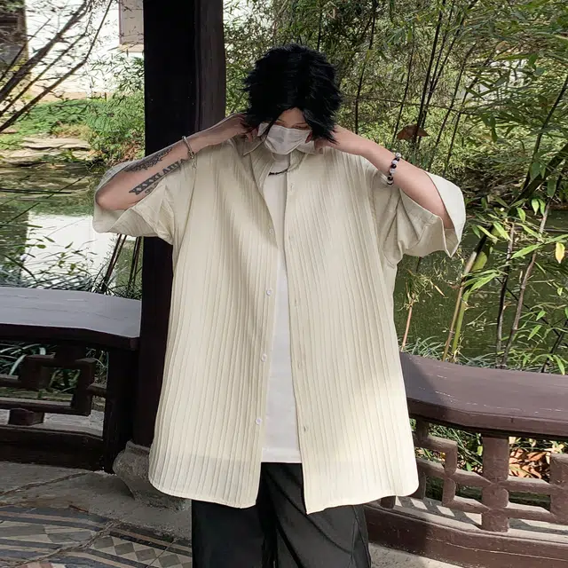 稻草人 美式复古街头基础肌理感无性别主义少年感宽松百搭休闲开衫透气凉感舒适速干户外通勤清新文艺风翻领短袖衬衫 男女同款