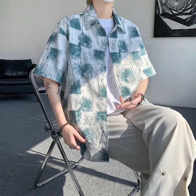 稻草人 创意涂鸦裂纹设计感翻领宽松休闲百搭文艺风夏威夷轻薄亲肤舒适凉感五分落肩袖外套衬衫 男女同款
