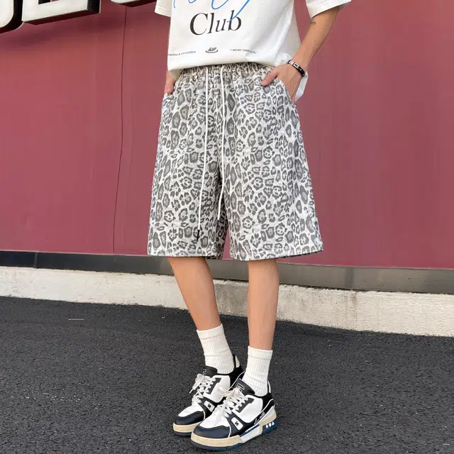 稻草人 美式潮流豹纹无性别主义户外居家通勤透气时尚跑步健身训练系带宽松直筒篮球五分裤运动休闲短裤 男女同款