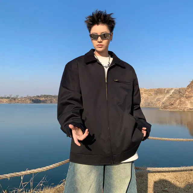 稻草人 纯色翻领百搭宽松休闲夹克外套 男女同款 卡其色