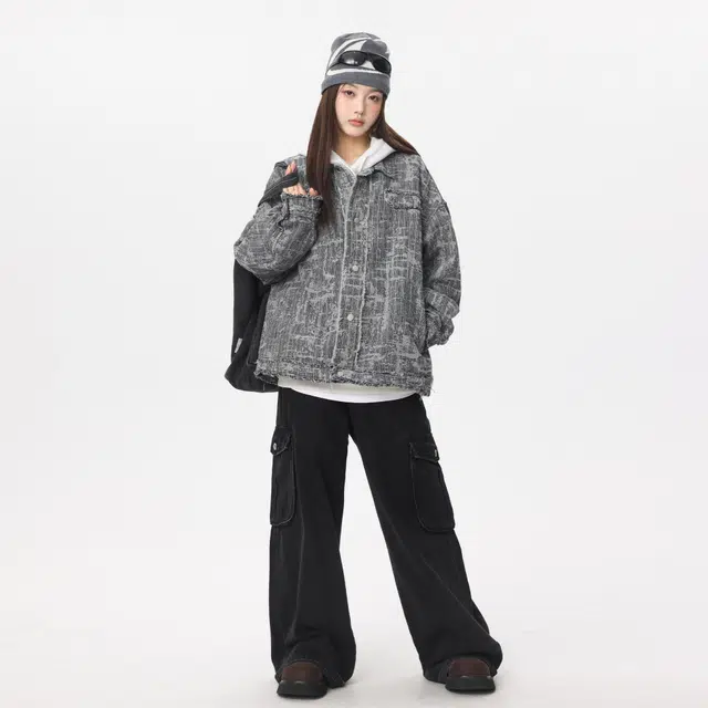 稻草人 美式嘻哈街头小香风割破做旧水洗磨毛翻领单排纽扣宽松休闲百搭落肩工装牛仔外套 男女同款