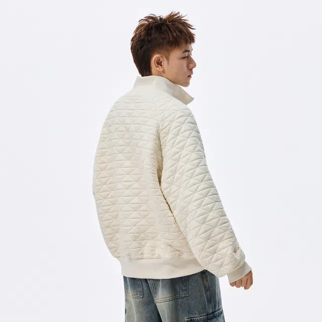 稻草人 美式复古潮牌菱形格纹理高街痞帅时尚双开拉链棒球领外套宽松舒适休闲百搭开衫长袖肌理感秋季卫衣 男女同款