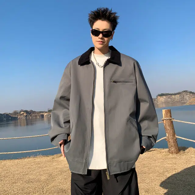 稻草人 纯色翻领百搭宽松休闲夹克外套 男女同款 卡其色