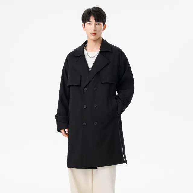 稻草人 美式高街复古简约西装领经典纯色基础百搭舒适宽松休闲时尚高级感单排扣大衣中长款风衣 男女同款
