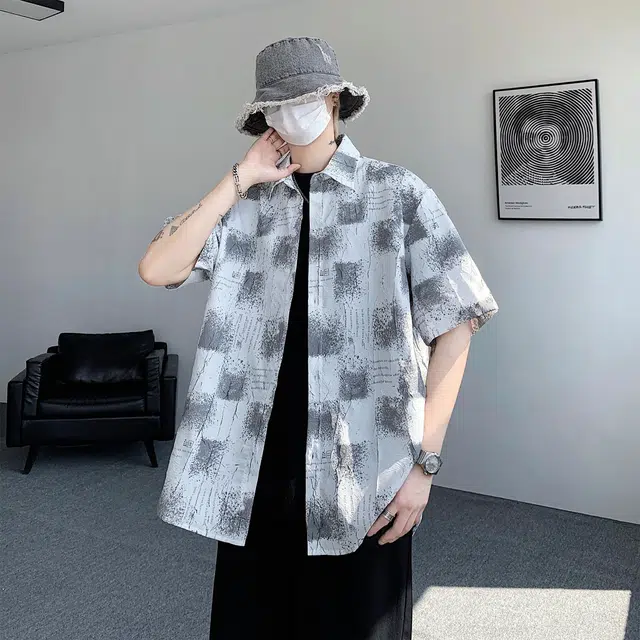 稻草人 创意涂鸦裂纹设计感翻领宽松休闲百搭文艺风夏威夷轻薄亲肤舒适凉感五分落肩袖外套衬衫 男女同款