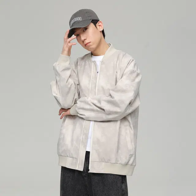 稻草人 美式小香风扎染系列宽松休闲高街纯色户外工装棒球领落肩拉链夹克外套 男女同款