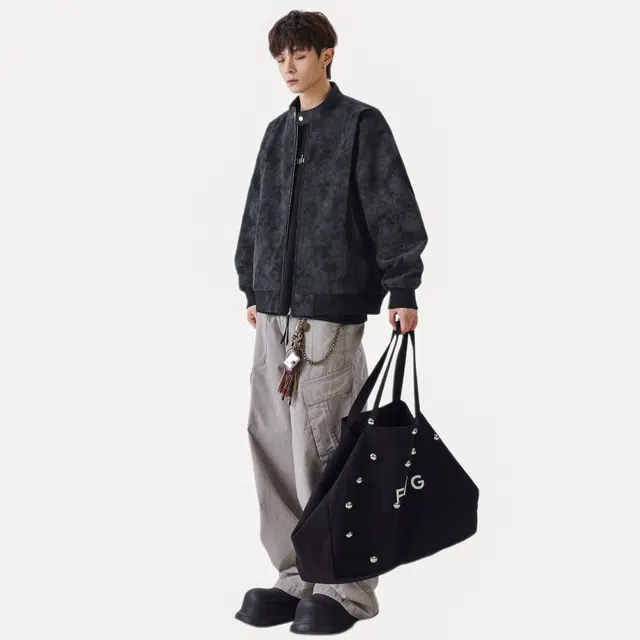 稻草人 美式复古扎染绒感雾花皮面料秋季机车朋克风双拉链宽松垂感休闲百搭情侣学生皮立领短款夹克外套 男女同款