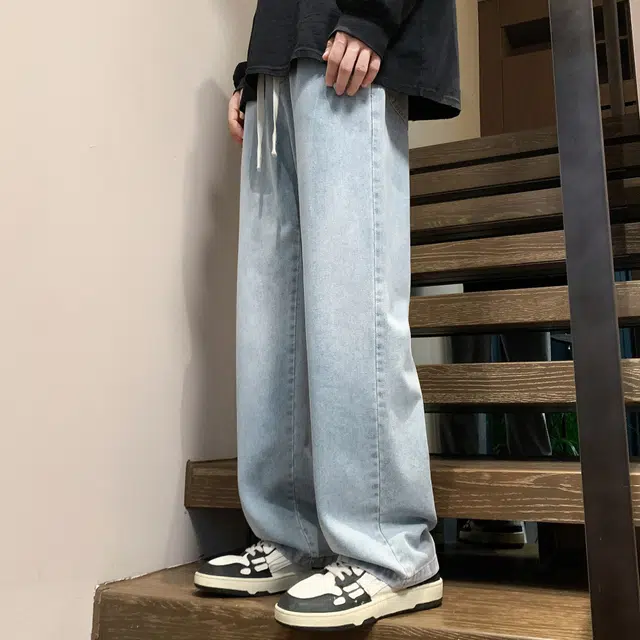 稻草人 美式高街复古渐变水洗做旧黄泥染简约基础款宽松休闲中腰系带松紧直筒阔腿百搭牛仔裤 男女同款