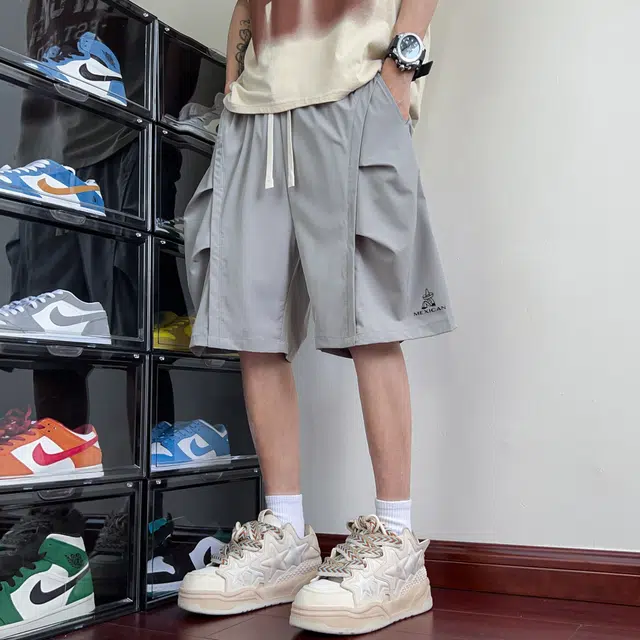 稻草人 美式复古潮流时尚五分褶皱设计感运动百搭直筒薄款简约学院风透气宽松舒适通勤夏季工装休闲短裤 男女同款