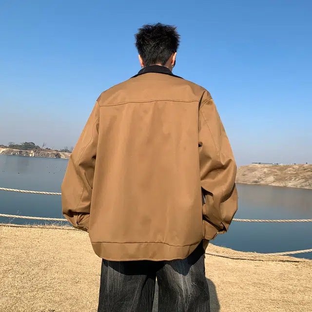 稻草人 纯色翻领百搭宽松休闲夹克外套 男女同款 卡其色