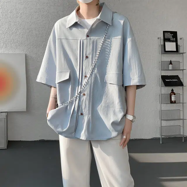 稻草人 美式复古高街舒适时尚简约纯色宽松休闲百搭商务潮流日常透气轻薄柔软翻领落肩短袖衬衫 男女同款