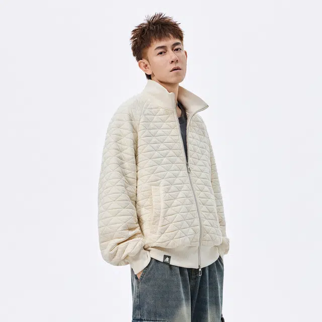 稻草人 美式复古潮牌菱形格纹理高街痞帅时尚双开拉链棒球领外套宽松舒适休闲百搭开衫长袖肌理感秋季卫衣 男女同款