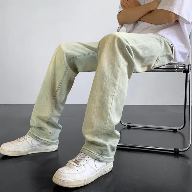 开学季推荐稻草人 美式高街复古重水洗做旧修身宽松休闲垂感阔腿百搭直筒牛仔裤 男女同款