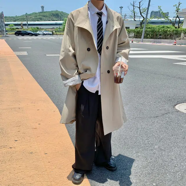 稻草人 日系复古学院风经典款双排扣中长款立领可拆卸腰带收腰慵懒风设计休闲风衣 男女同款