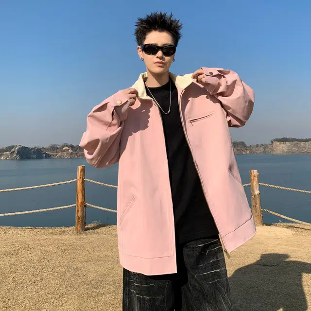 稻草人 纯色翻领百搭宽松休闲夹克外套 男女同款 卡其色