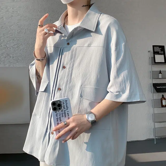 稻草人 美式复古高街舒适时尚简约纯色宽松休闲百搭商务潮流日常透气轻薄柔软翻领落肩短袖衬衫 男女同款