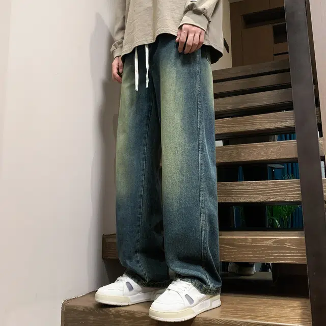 稻草人 美式高街复古渐变水洗做旧黄泥染简约基础款宽松休闲中腰系带松紧直筒阔腿百搭牛仔裤 男女同款