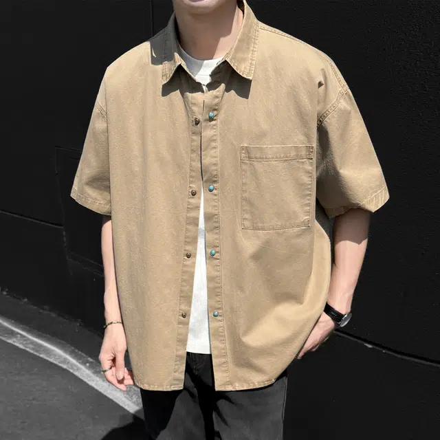 稻草人 美式学院风简约基础款翻领潮牌设计感高级宽松落肩袖日常通勤休闲百搭纯棉短袖衬衫 男女同款