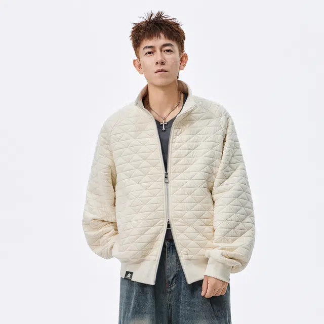 稻草人 美式复古潮牌菱形格纹理高街痞帅时尚双开拉链棒球领外套宽松舒适休闲百搭开衫长袖肌理感秋季卫衣 男女同款