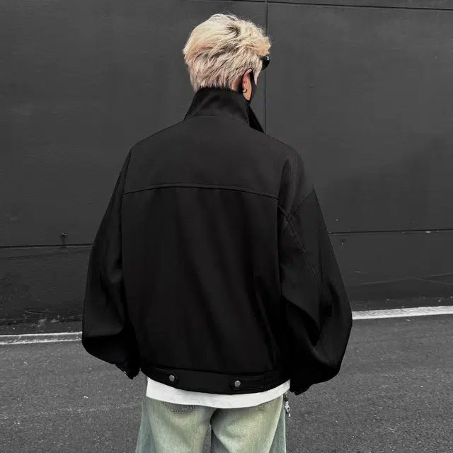 稻草人 美式复古美拉德假两件拼接设计宽松休闲百搭基础纯色立领纽扣防风潮流时尚个性春秋季舒适拉链夹克外套 男女同款