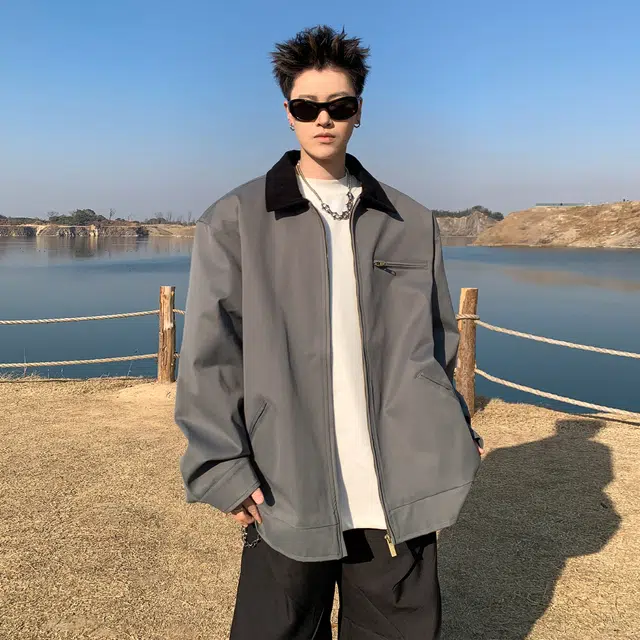 稻草人 纯色翻领百搭宽松休闲夹克外套 男女同款 卡其色
