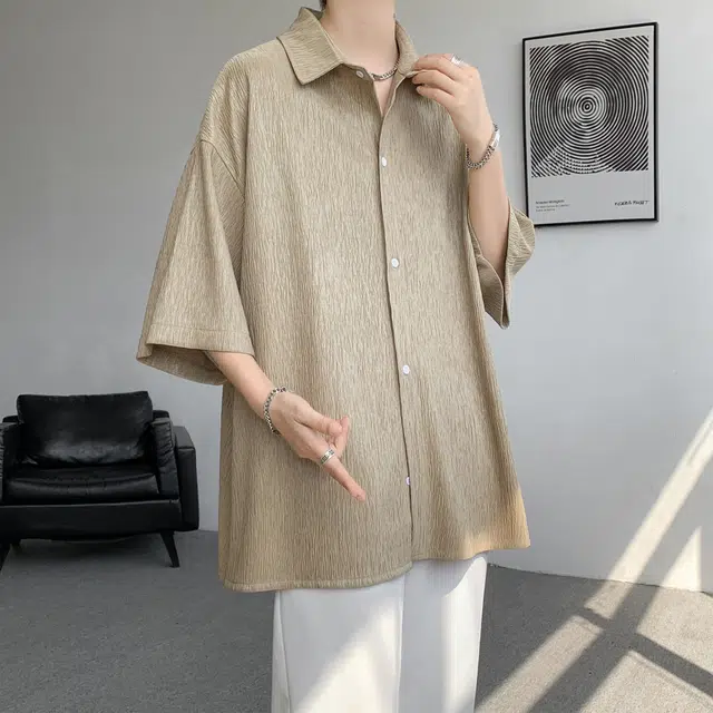 稻草人 美式复古简约基础款宽松美少年感无性别高街潮流宽松落肩领翻领休闲百搭开衫纽扣短袖衬衫 男女同款