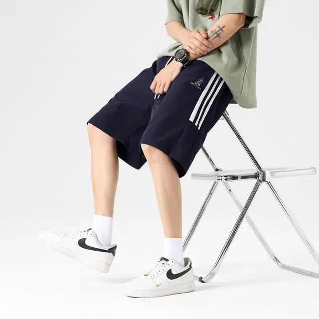 稻草人 美式复古条纹拼接撞色宽松休闲舒适透气速干百搭五分裤户外运动篮球系带松紧冰丝感休闲短裤 男女同款