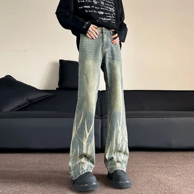 稻草人 美式高街复古废土做旧水洗扎染直筒长裤火焰设计感百搭宽松垂感休闲牛仔裤 男女同款