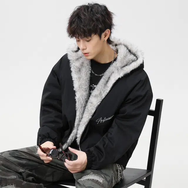 稻草人 美式高街品牌艺术英文字母印花座山雕毛领仿狐狸毛休闲宽松纯色加厚短款夹克高级感连帽保暖舒适百搭长袖飞行外套棉服 男女同款