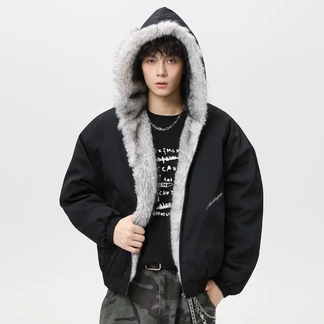 稻草人 美式高街品牌艺术英文字母印花座山雕毛领仿狐狸毛休闲宽松纯色加厚短款夹克高级感连帽保暖舒适百搭长袖飞行外套棉服 男女同款