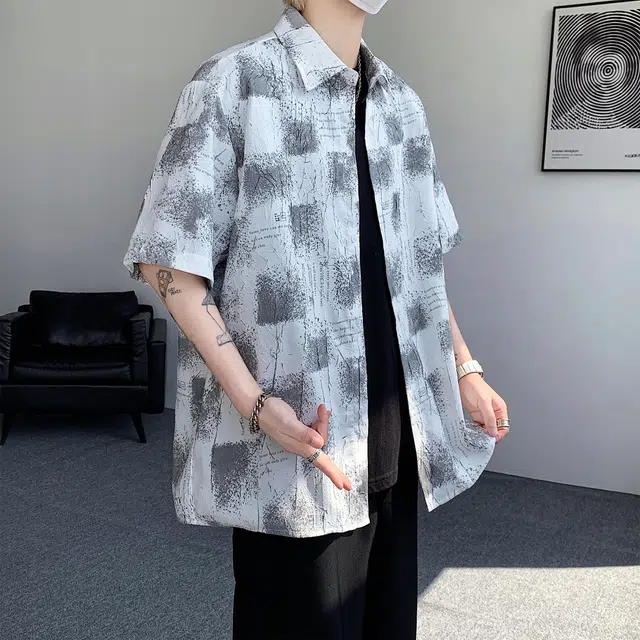 稻草人 创意涂鸦裂纹设计感翻领宽松休闲百搭文艺风夏威夷轻薄亲肤舒适凉感五分落肩袖外套衬衫 男女同款