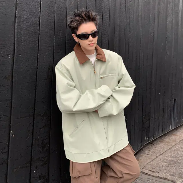 稻草人 纯色翻领百搭宽松休闲夹克外套 男女同款 卡其色