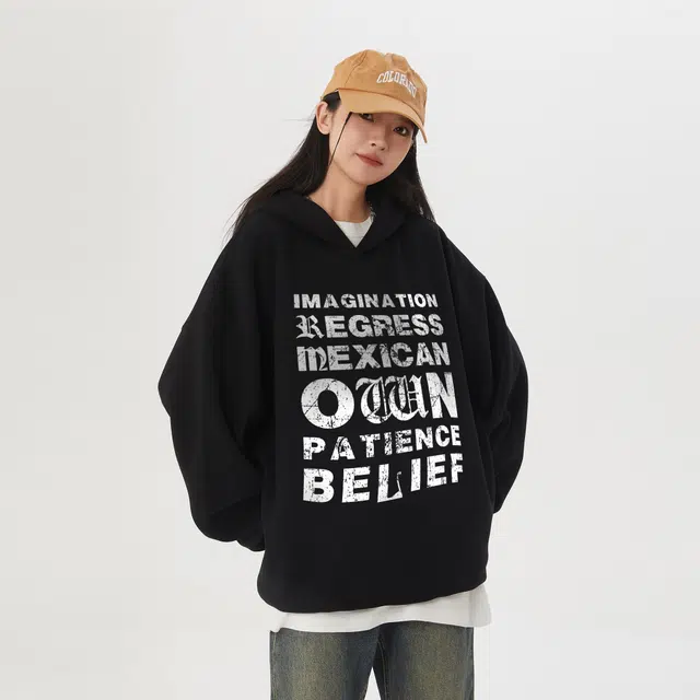 稻草人 美式简约字母印花基础款连帽宽松落肩套头休闲重磅长袖卫衣 男女同款