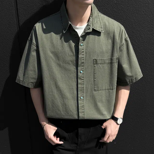 稻草人 美式学院风简约基础款翻领潮牌设计感高级宽松落肩袖日常通勤休闲百搭纯棉短袖衬衫 男女同款