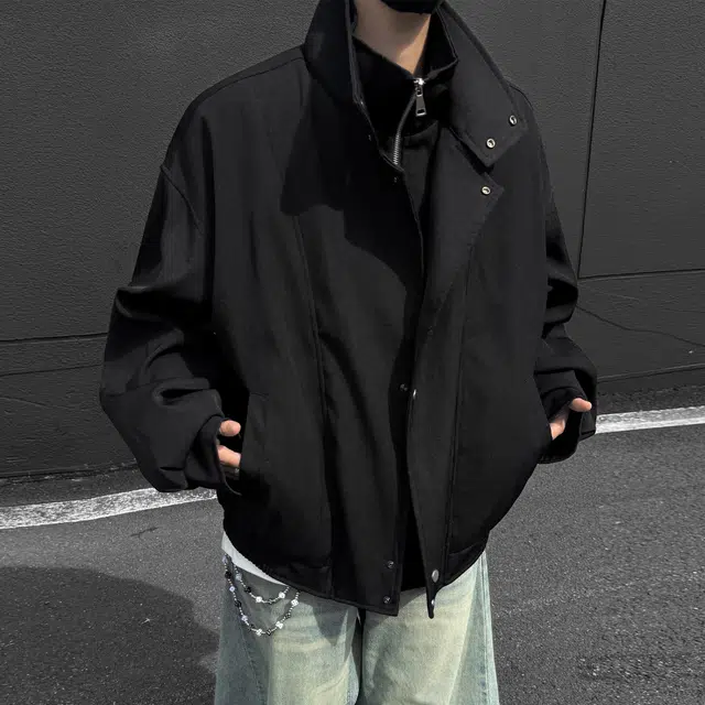 稻草人 美式复古美拉德假两件拼接设计宽松休闲百搭基础纯色立领纽扣防风潮流时尚个性春秋季舒适拉链夹克外套 男女同款