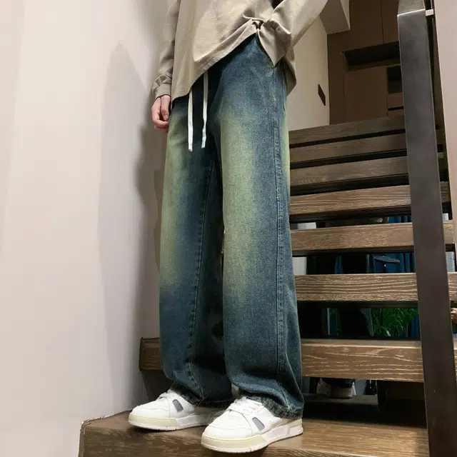 稻草人 美式高街复古渐变水洗做旧黄泥染简约基础款宽松休闲中腰系带松紧直筒阔腿百搭牛仔裤 男女同款