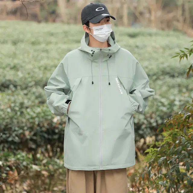 稻草人 美式山系户外远足登山防风防水拉链字母印花无性别主义宽松休闲连帽长袖冲锋衣夹克外套 通用
