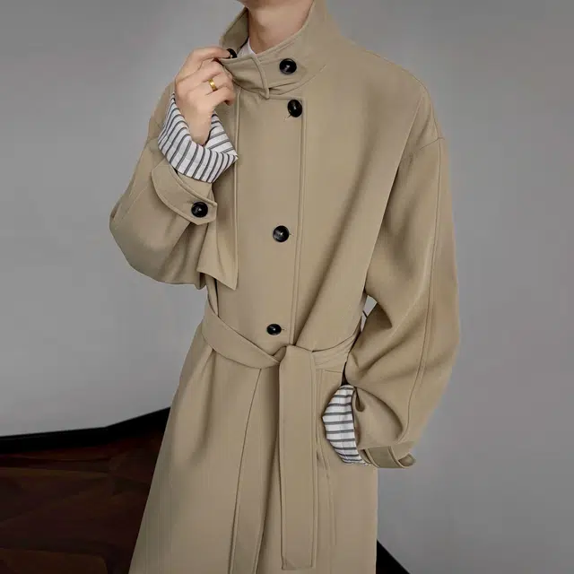 稻草人 美式复古春秋季时尚简约气质垂感休闲舒适宽松单排扣系带日常通勤防风百搭长款过膝长袖风衣 男女同款