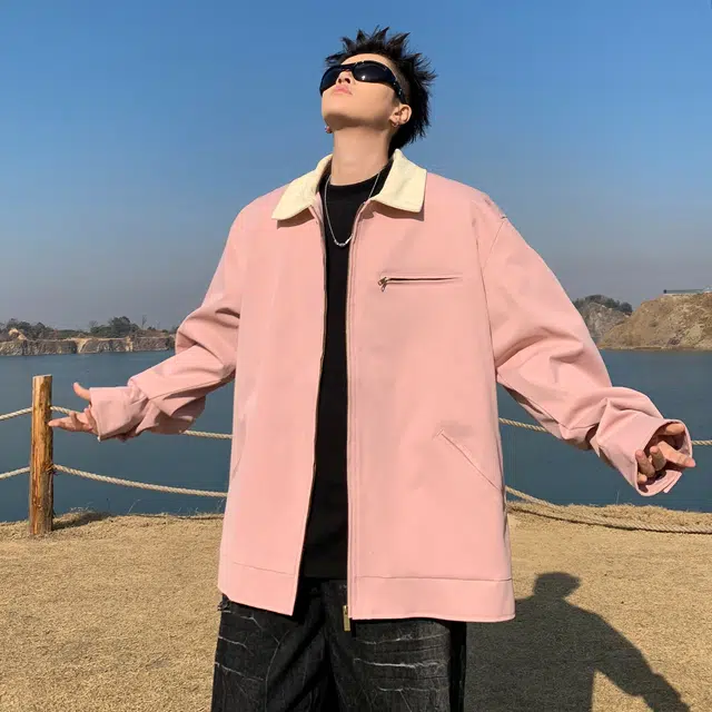 稻草人 纯色翻领百搭宽松休闲夹克外套 男女同款 卡其色