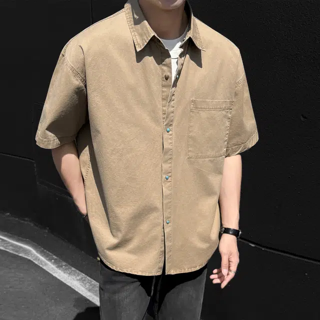 稻草人 美式学院风简约基础款翻领潮牌设计感高级宽松落肩袖日常通勤休闲百搭纯棉短袖衬衫 男女同款