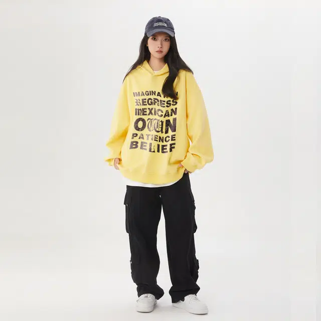 稻草人 美式简约字母印花基础款连帽宽松落肩套头休闲重磅长袖卫衣 男女同款