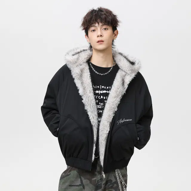 稻草人 美式高街品牌艺术英文字母印花座山雕毛领仿狐狸毛休闲宽松纯色加厚短款夹克高级感连帽保暖舒适百搭长袖飞行外套棉服 男女同款