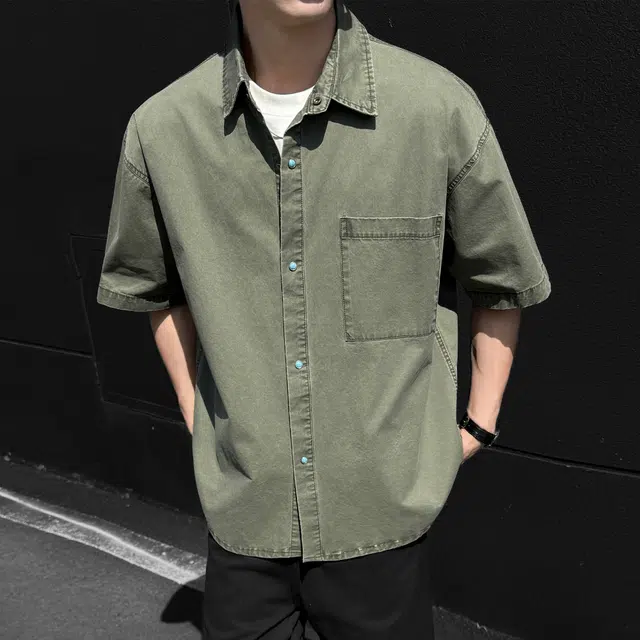 稻草人 美式学院风简约基础款翻领潮牌设计感高级宽松落肩袖日常通勤休闲百搭纯棉短袖衬衫 男女同款